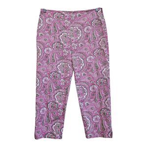TALBOTS Women 10 Cropped Pants Paisley Pink Green Side Zip Cotton Blend 32 x 23
